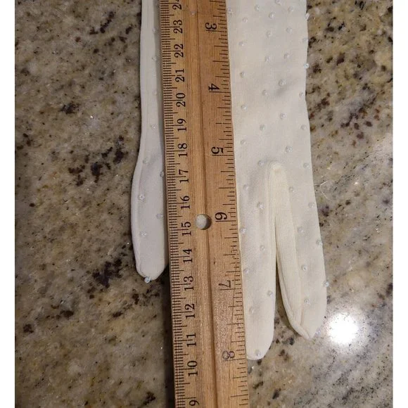 New? Vintage One Size Fits Cream Stretch Nylon Formal 8" Gloves Silver Tone Bead - Picture 15 of 16